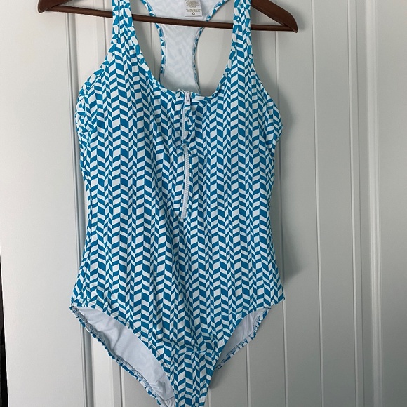 NWT Anne Cole Women's Ripple Geo Scoop Neck Zip Front Racerback Sz 10 One Piece - Picture 4 of 13